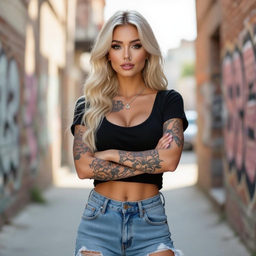 A gorgeous blonde girl with big boobs and lots of tattoos 
