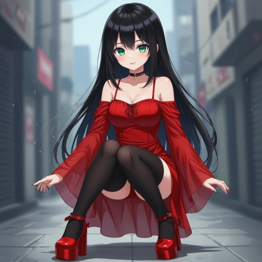 Jade has straight black hair. Green eyes with blue eyeshadow. A red sundress with long, see through sleeves. Black leggings and red platform shoes 