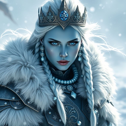 Full Character Description (Art Prompt Style): A fierce and regal warrior queen with icy blue skin and piercing frost-blue eyes, long silver-white braids adorned with crystal beads, wearing a silver and sapphire crown that glistens like frozen starlight. Her fur-lined armor is made of deep steel plates etched with snowflake runes, layered over a heavy leather tunic, and reinforced with frost-crusted pauldrons. She wears a flowing white and pale-blue fur cloak draped over her shoulders, trailing to the ground. Her gauntlets are engraved with runes of winter, and her boots are plated and fur-trimmed, designed for tundra battles. In her hand, she grips an ornate ice-forged spear tipped with a shard of living crystal. Behind her stretches a vast, blizzard-swept battlefield with jagged ice peaks in the distance. Full-body composition, standing in a commanding pose, wind whipping her cloak, cinematic lighting, ultra-realistic, hyper-detailed fantasy art style.