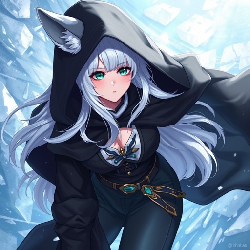 A teenage girl with pale skin wearing a royal black top and trousers with a hood, long hair as white as snow and small fox ears with emerald eyes walking on ice on the water