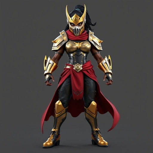 An African American female superhero wearing A full face female war mask with gold accents wearing a gold and silver set of chest armor with a red cloth wrapped around her waist wearing leather pants with leg armor and gold boots