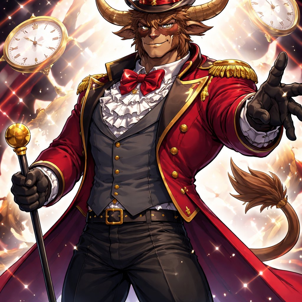 A captivating chestnut brown male Minotaur that’s 6 1/2 feet tall with well~proportioned figure/body with deep set cattle like brown eyes, large powerful gleaming horns like his fathers, a , long tail. He works at freak show as the ringmaster and his abilities are Reality Rejection, Time Manipulation (Chronokineses), Zoolingualism (Language of Cattle only), Human Speech. His outfit consists of a crimson tailcoat, frilly shirt, stunning grey blazer, black pants and top hat.