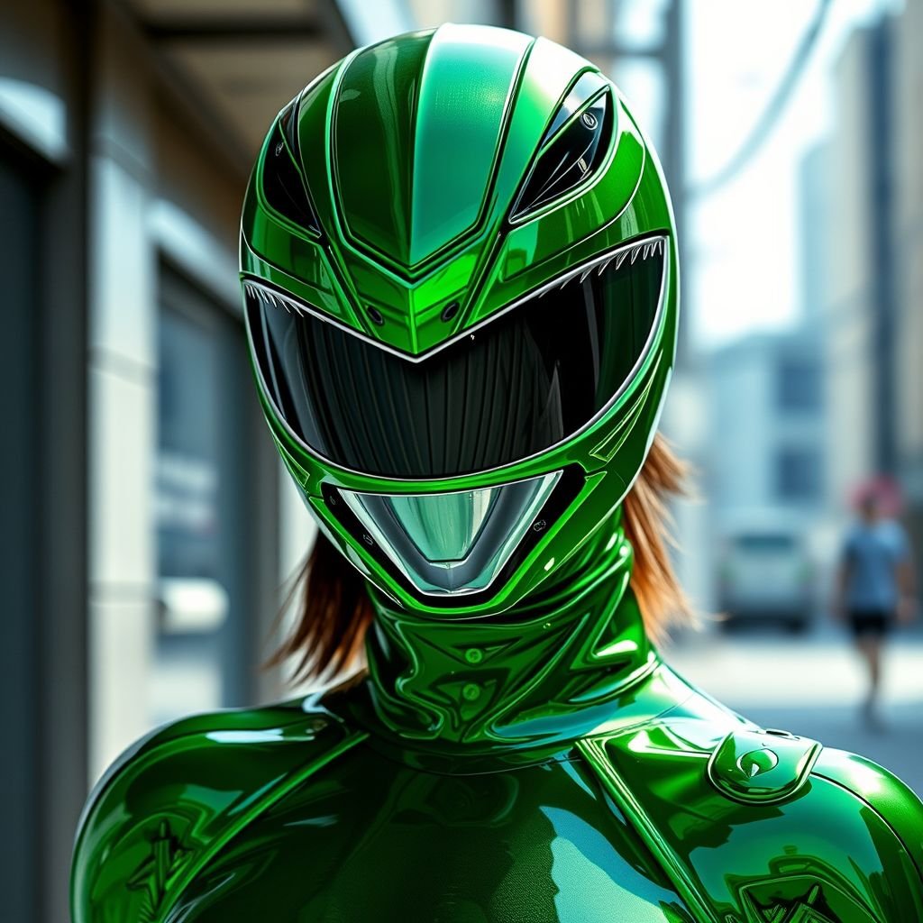 Female green ranger wearing a full gel so you can’t see her face or hair