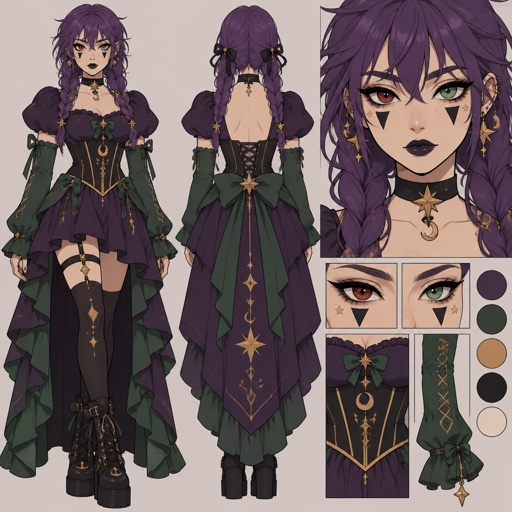 Female, purple braids, messy bangs, one red eye the other green, black triangle under eyes, stars on face, dark purple lipstick,  purple dress with a short front, puffy short sleeve, gold corset, long green sleeves, green details on clothes, stars on top