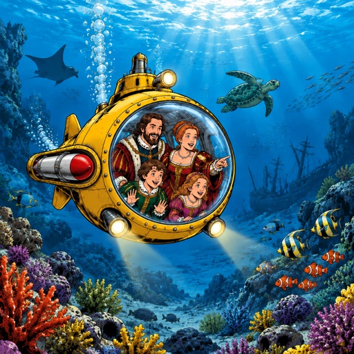 a painting of a family in a submarine