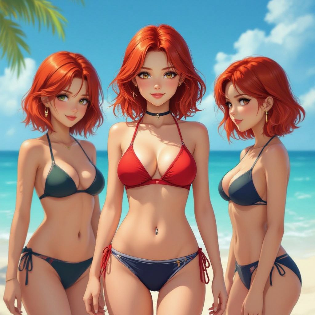 A redhead girl in a crop top and bikini bottom with a navel piercing 