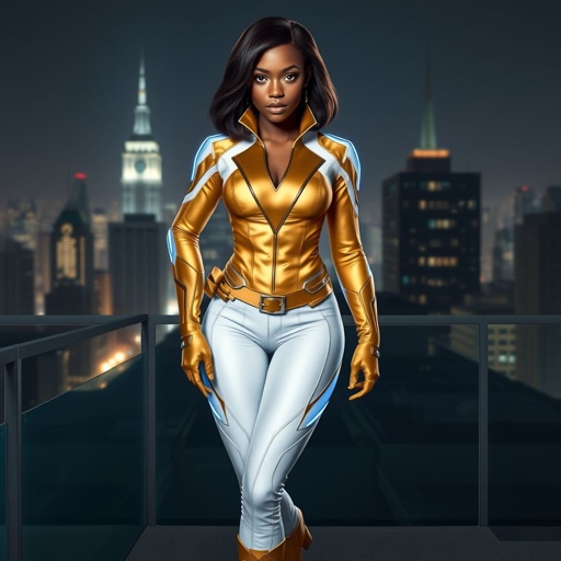 A young African American female superhero with shoulder length hair in a side part style wearing a  gold and white suit made of a leather like spandex material with blue accents with white pants and gold boots with a stylized V as her chest emblem  standing ona roof in a Philadelphia at night 