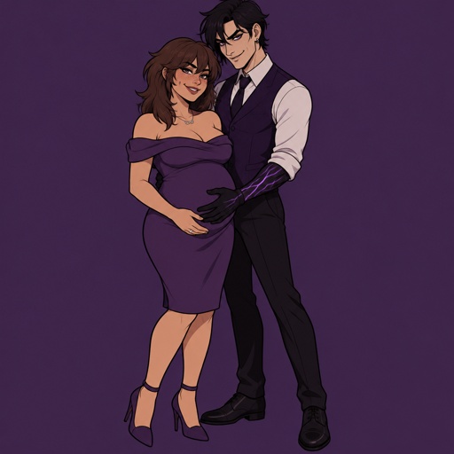 Female, pregnant, straight brown medium length wolf cut hair ears completely covered by hair, freckles, dimples, long eyeliner, upturned nose, bad guy, knee length purple dress off the shoulders, jewelry, necklace infinity symbol, heels, wedding ring, smirk, no cleavage showing, happy, Male, slim, black messy hair, back hair, brushed side hair, strands of hair in the middle of forehead, ear piercing ring, gloves, purple glowing veins, purple vest, white shirt, no facial hair, bad guy, hand on other persons belly