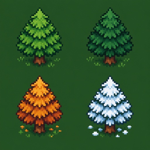 Pine tree for a modern fantasy game, in all the seasons, top down style,