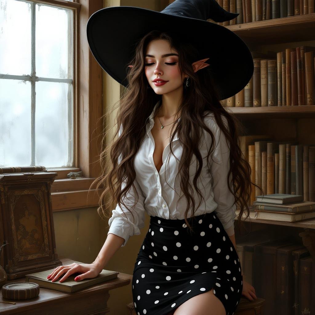 Brunette Elf Wizard Librarian with Long brunette hair in a tight black and white polka dot mini pencil skirt and a white open blouse and a big witches hat. She looks like is SO drunk