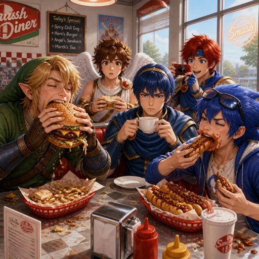 Super smash brothers link from legend of Zelda, pit from kid Icarus, and sonic the hedgehog as a human,Marth from fire emblem,Roy from fire emblem, in a restaurant Sonic eating really fast,link eating like a slob and pit just holding his sandwich staring at them being weirded out, Roy taking a picture of everyone, and Marth holding tea looking annoyed