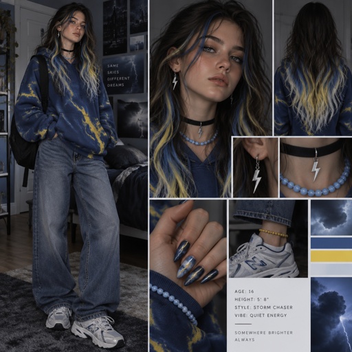 Female, 16, 5 feet and 8 inches tall, long mid back hair with blue yellow and white tips, a black choker with a drop down lightning bolt, a light blue beaded necklace, resting bitch face, oversized blue hoodie with a marbled look with electric yellow, one light blue marble beaded bracket around a wrist, baggy jeans, an electric yellow beaded anklet, running shoes, drop down lightning earrings, and mid almond thunderstorm color themed nails.