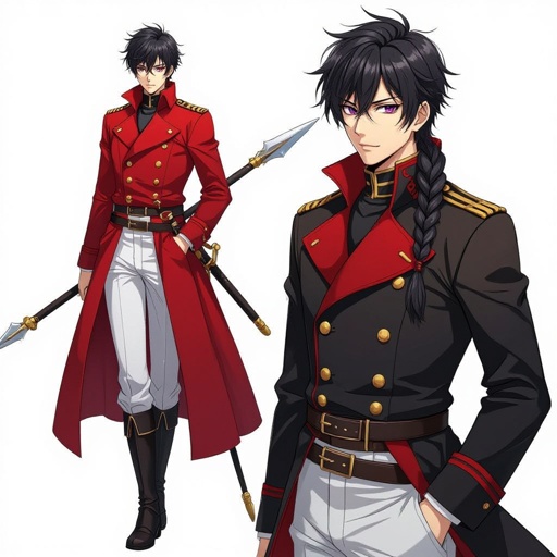 human, asian man, red double-breasted greatcoat, gold buttons, shoulder braids, white pants, black boots, belts, spear, braid, short black hair, dark purple eyes