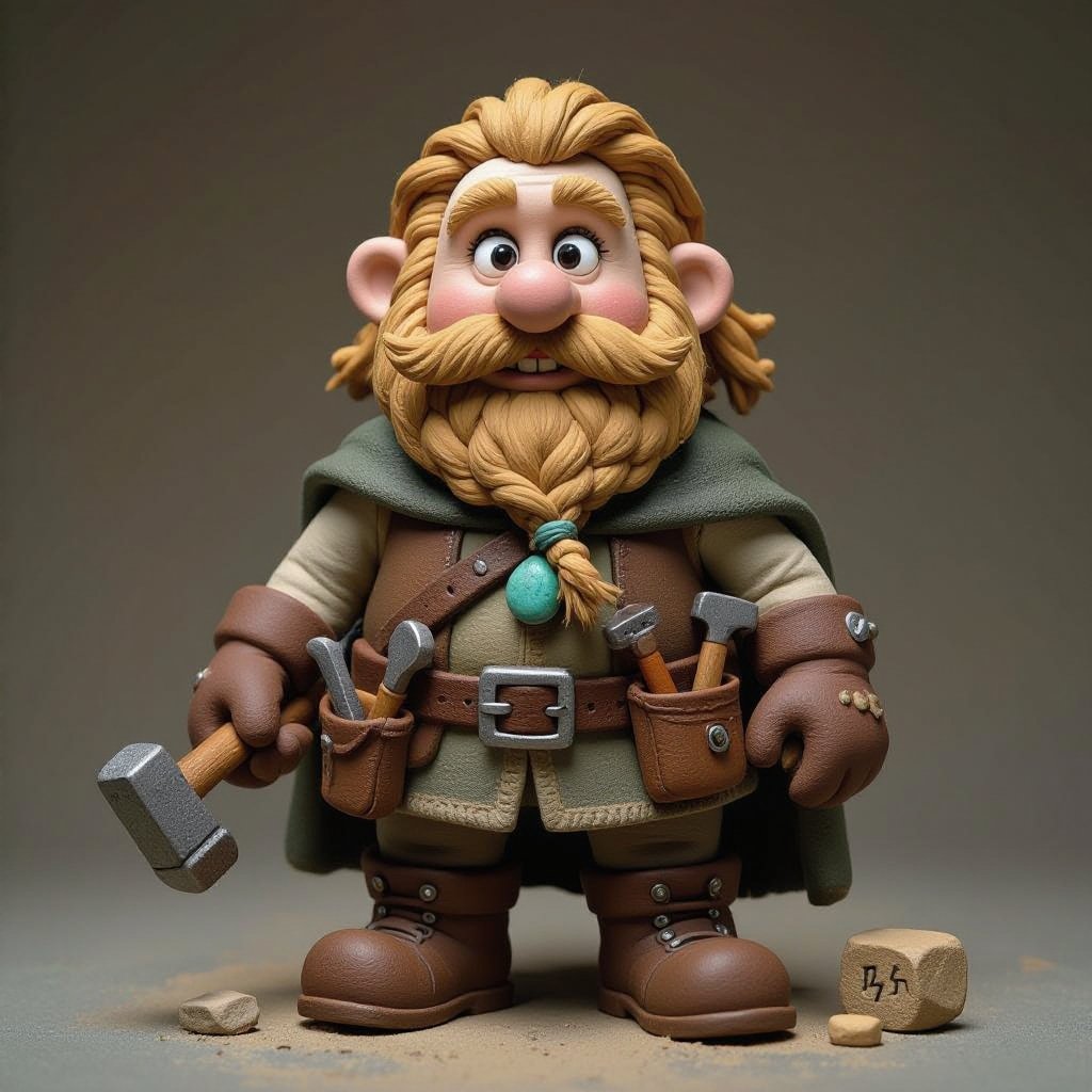 Create a stocky dwarf with a weathered face, braided beard tucked into his belt, and straw-tousled hair. Wears a soot-stained cloak over a leather smith’s vest, tool belt with hammer and chisels, heavy boots. Subtle turquoise rune glow from a pebble at his neck,