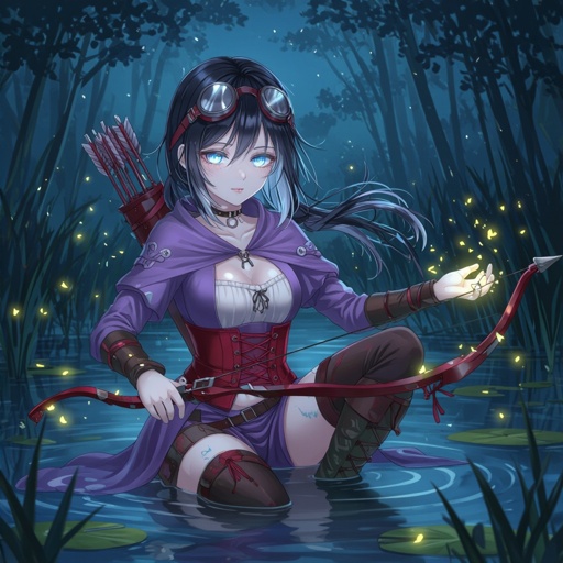 The Firefly Hollow, standing beneath the humid moonlight of Eendood’s swamp city. The air is thick with mist and golden fireflies drifting lazily through the damp night. She has pale, ghost-touched skin with faint silver veins beneath the surface and soft gray-blue eyes glowing faintly in the haze. Her shoulder-length black hair bears a distinct shock of white through the front, catching the light like a spectral mark. Silver goggles rest in her hair like a headband.  Her thigh-high dusk-lavender tunic resembles a fitted ruched slip, clinging lightly in the humidity — practical, airy, and faintly iridescent under the moonlight. Over it, she wears her dark dried-blood red corset, now open fully down the front like a vest, its seams split and edges curled with age, revealing the lavender tunic beneath. The look is light and travel-worn, suited to the swamp’s heat and mist.  She wears no jacket or leggings, her arms and legs bare for freedom of movement, her pallid Hollow One skin softly luminous in the damp air. Her boots remain worn and mud-stained, practical for the marshy terrain. Around her throat is a simple green ribbon, tied neatly into a small bow at the side.  At her right hip rests Étienne, her compact ruby-inlaid hand crossbow with visible short bow arms and a carved wooden frame — clearly recognizable as a crossbow, elegant and well-worn. Her hands are outstretched, and fireflies swirl and hover around her palms, glowing gold and white — her Swarmkeeper magic manifest in the haze.  The scene glows with soft silver moonlight filtering through humid air; reeds sway, water ripples faintly, and Olivia stands serene — a revenant soul alive amid the still, breathless swamp.