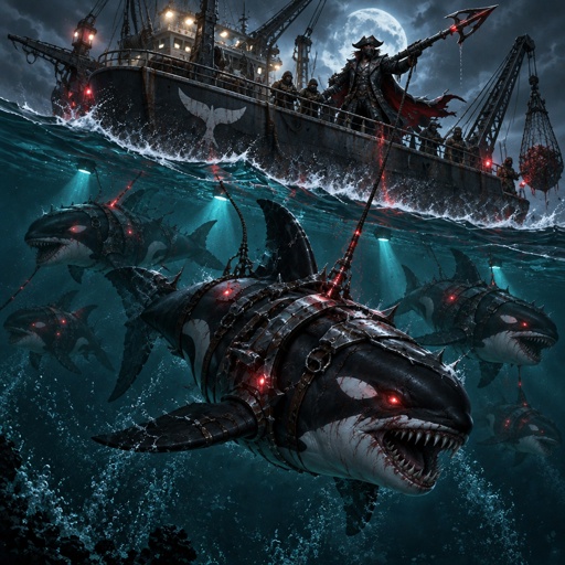 a group of sharks swimming next to a ship