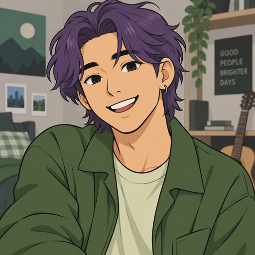 Male, Asian, purple neck length wavy hair, side bangs on one side brushed back on the other side, smile, wearing green, ear piercing 