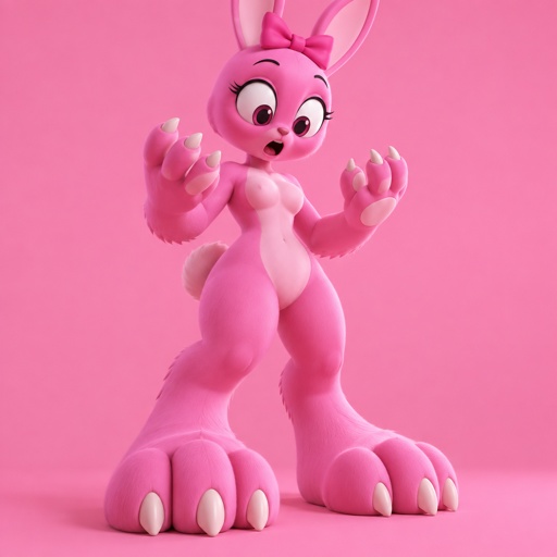 Pinki from Sprunki as her kind wererabbit self noticing that she is getting bigger and stronger with her feet looking like wererabbit paws and her hands looking the same all for Jevin from Sprunki 