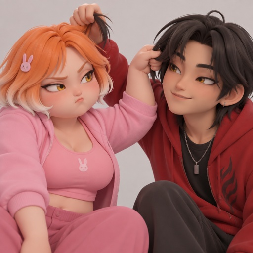 Female, teen, short orange hair white tips, slightly chubby, yellow eyes, wears pink, sassy, Male, smile, Asian, smile, neck length black hair, yellow eyes, eyeliner, wears red casual clothes, small mouth, pulling each other’s hair 