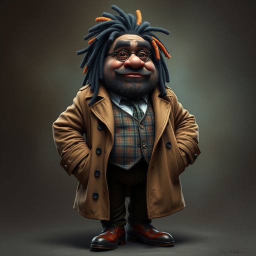 Create a funny serious fat character similar to Sherlock Holmes, but make him of black decent and with dread locks. Show his whole outfit including his shoes.