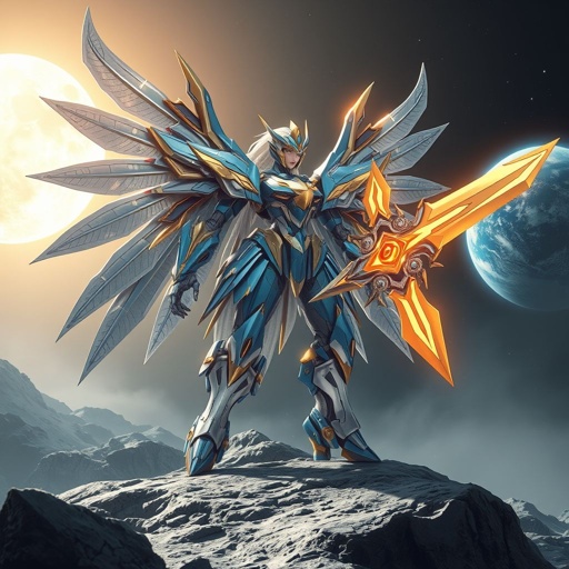 A blue white and gold feminine built mech with a giant flaming sword and metal wings standing on the moon with the earth in the background 