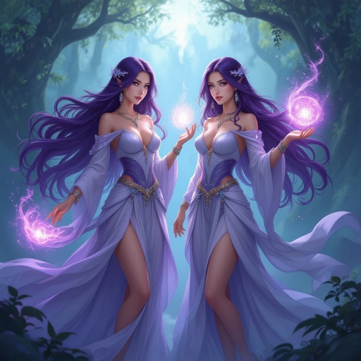 Twin female goddesses with long purple hair 