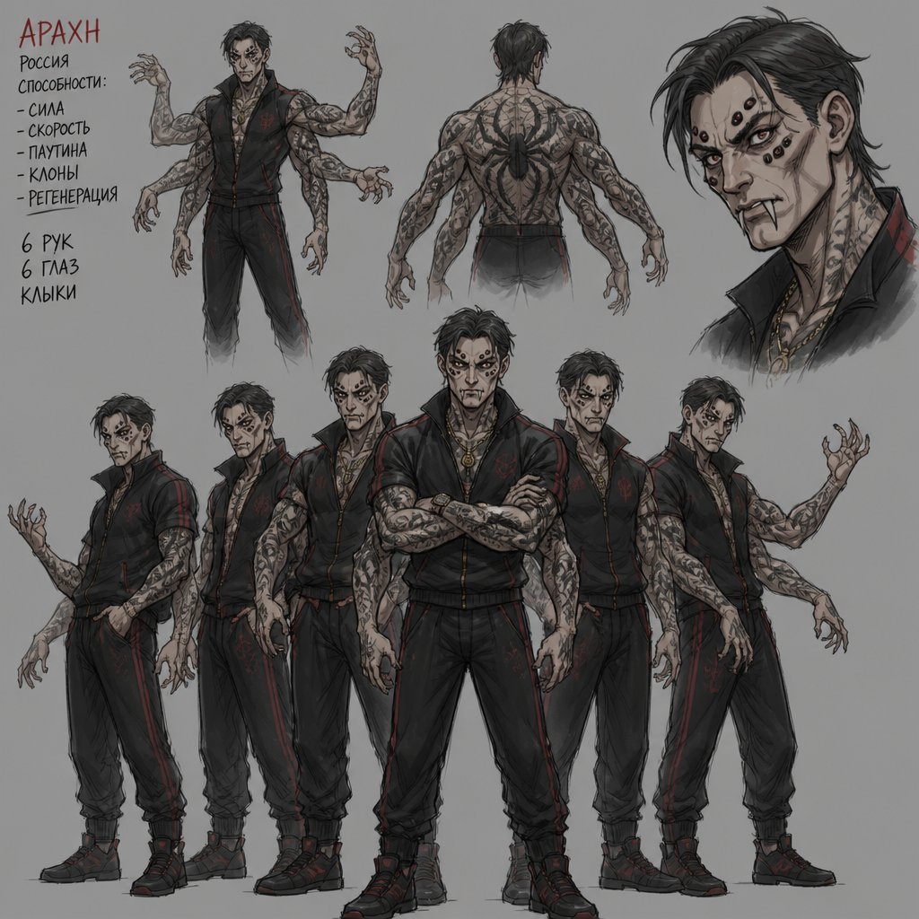 Male Villian with spider powers, six arms, six eyes, spider fangs, Russian, arm tattoos, cheekbones, multiple of the same character