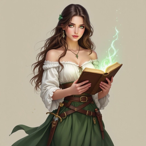 A young human woman. Long brown hair, large green eyes. Pale complexion. Delicate beauty. Holding a book. Dressed in a white, off-the-shoulder shirt and a green skirt. A dagger at her belt. realistic atmosphere.
