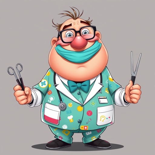create a fat doctor. Who is funny human looking from head to toe. And he always immediately results to surgery for anything even small things. So please be sure to show his whole outfit head to toe. Make him have 1 tooth. Make it more adult humor instead of cartoon humor.