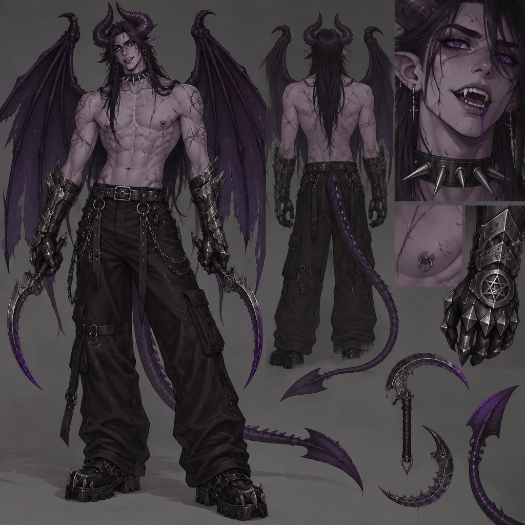Holding two sickles, handsome and seductive. has a six pack is 8 feet tall eyes are purple and pupils are heart shaped His nipples are pierced Ears pierced and slightly pointed has clause They are purple is wearing baggy, black jeans, has scars all over his body is wearing iron gauntlets with pentagrams on them has purple saliva dripping from his mouth has sharp teeth has extremely dark purple demon, wings, demon horns and demon tail. His demon tail is 4 feet long. His demon horns are 8 inches long and his demon wings are 10 feet wide. He looks extremely slim and has a very pale purple color to his skin is wearing no shirt and has a spiky collar made out of titanium around his neck. he has long hair.