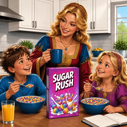 a painting of a woman and two children eating cereal