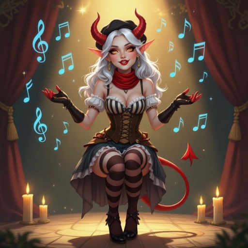A semi-realistic fantasy portrait of Evangeline Ivey, the Fierna Tiefling Bard of the College of Glamour, captured mid-performance on her candlelit stage.  She stands full-body beneath soft golden light, ivory curtains draped behind her, and glowing blue musical notes spiraling through the air as if alive with her magic. Her porcelain-pale skin (#F3EDEB) gleams in the warm light, contrasting against her long silver-white hair (#D6D6DA) cascading around her shoulders. Her amber-gold eyes (#C88C21) are wide with theatrical expression, her mouth open in mid-song or gasp. Dark brown ridged horns (#4A3A2C) curve elegantly from her brow, and her pale devil’s tail curls behind her, tipped red-and-black like an exclamation mark of performance.  Outfit — “Infernal Mime” Parody Costume: • Black-and-deep-red striped bodice with suspenders and gold buckles • Short flared skirt trimmed with faint gold edge • Matching striped thigh-high stockings and long fingerless gloves • Red silk neck scarf tied neatly at her throat • Black heeled shoes and beret with her horns peeking through  Scene & Lighting: Warm candlelight and soft shadows create a theatrical glow across the stage floor and her form. The air is alive with faint magical motes shaped like music notes, curling around her in shimmering blue light.  Mood & Expression: Expressive, whimsical, and dramatic — a parody of classic mimes infused with bardic flair. Evangeline’s pose is mid-gesture, both hands raised as if she’s frozen between song and spell, her eyes alight with mischievous emotion and glamourous command.