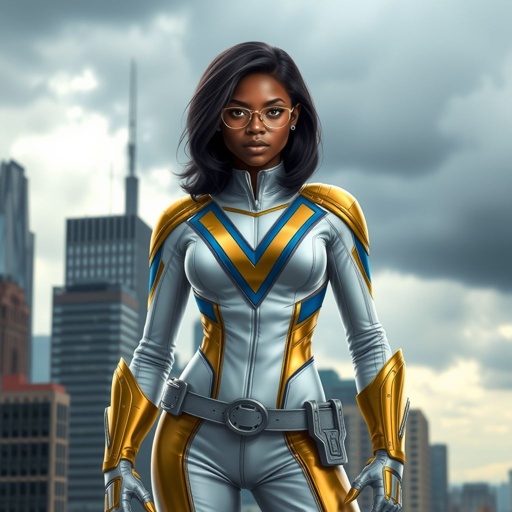 A teenage African American female superhero with hair in a shoulder length side part style wearing a homemade white and Gold suit with blue accents and a stylized V as her chest emblem a utility belt and silver boots standing in Philadelphia during a cloudy day