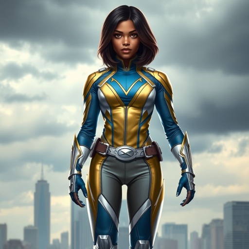 A teenage African American female superhero with hair in a shoulder length side part style wearing a mask wearing a partially leather white and Gold suit with blue accents and a stylized V as her chest emblem a utility belt and silver boots standing in Philadelphia during a cloudy day