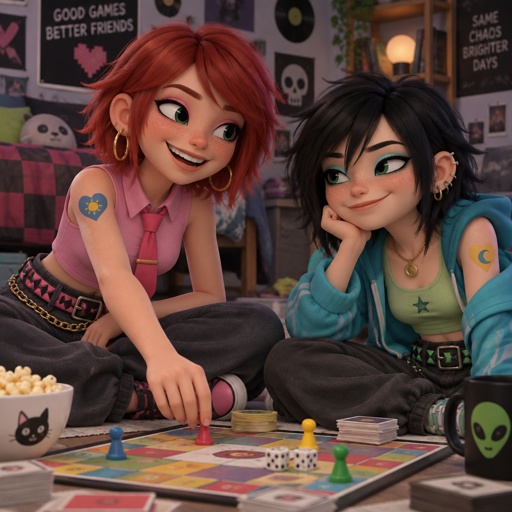 Female, teen, freckles, dark green eyes, hot pink eye shadow, hoop earrings, smiling , choppy red neck length hair, bangs on one side of face, sleeveless button up pink shirt, pink tie with gold clip, blue heart tattoo with a yellow sun inside on shoulder, baggy pants with gold chain, two belts with dark and light pink triangles, Female, teen, freckles, dark green eyes, cyan ray shadow, ear piercings, smirking, choppy black neck length messy hair, bangs on one side of face, cyan jacket with shoulder holes, light green crop top, yellow heart tattoo with a blue moon inside on shoulder, baggy pants, belt with dark and light green triangles, gold necklace, both playing board game