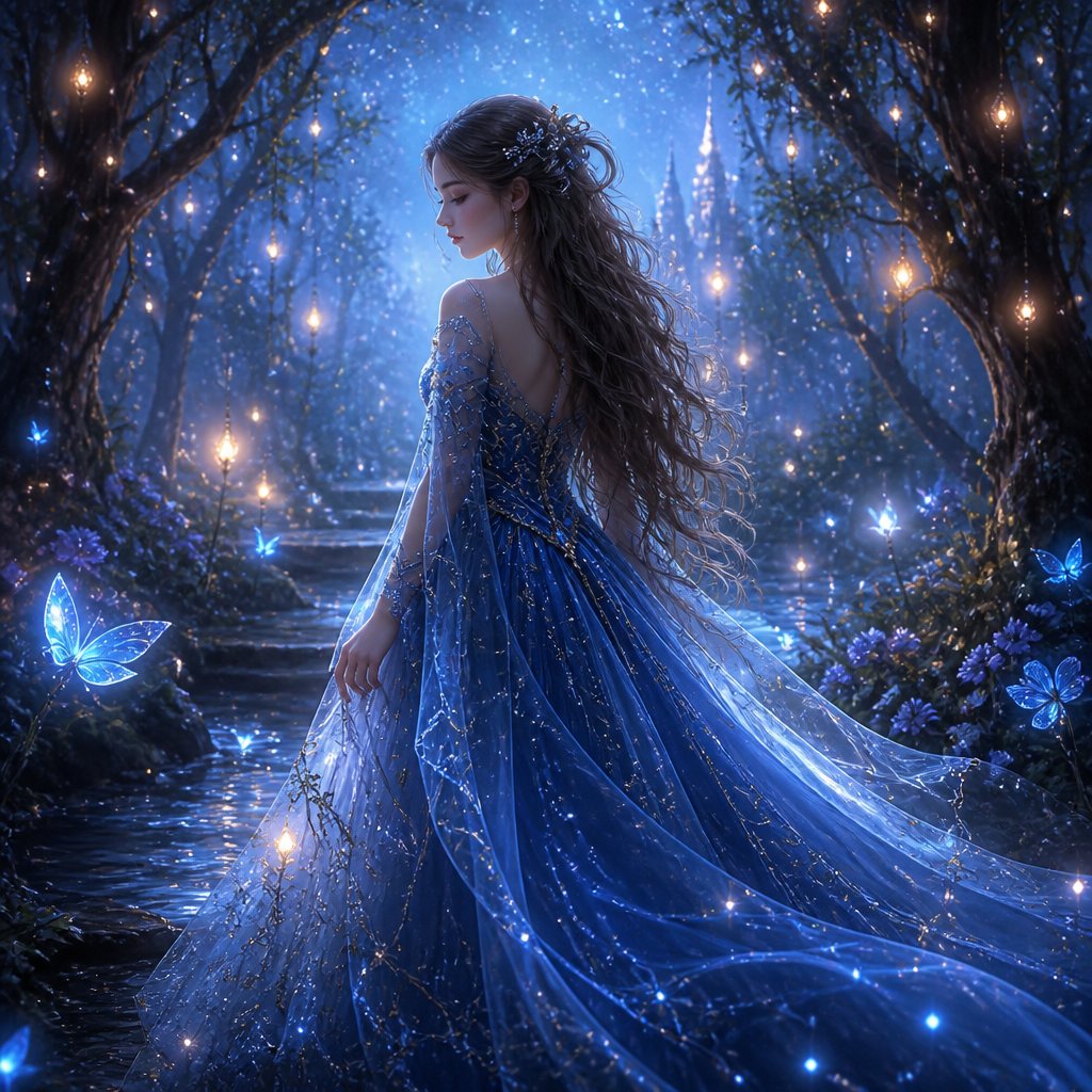 Mädchen mit langen Haaren und langen blauen Kleid