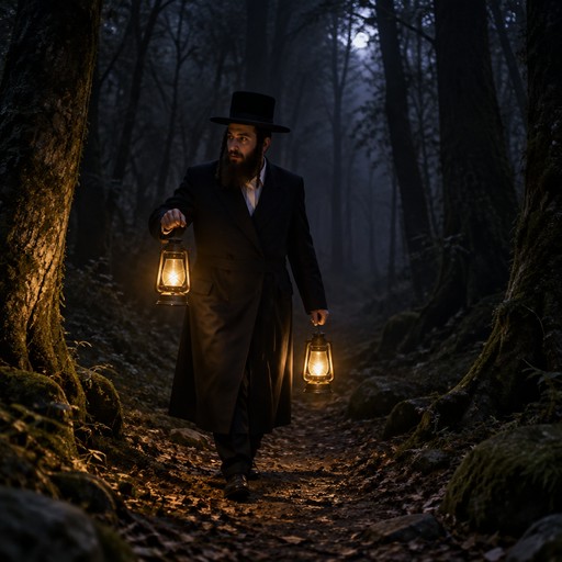 chasidish    yid walking through a dark forest holding lanterns