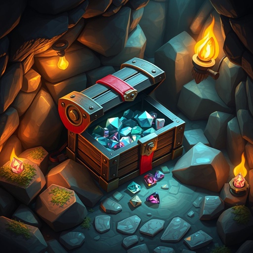 Wooden treasure chest with red banding sitting on cave floor