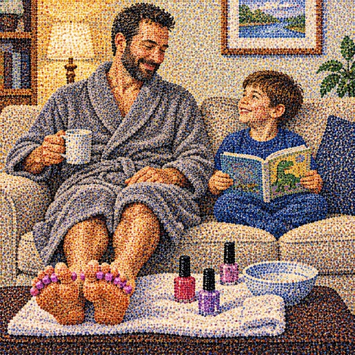 A man in a  gray robe with pedicure  on the couch with his son