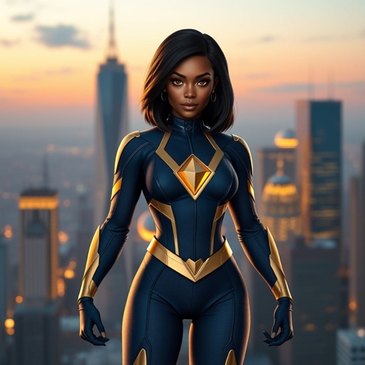 African American female superhero with hair in a shoulder length side part hairstyle with pure Gold Glowing eyes wearing a navy blue and gold accented suit with navy blue pants and gold knee length boots with a diamond with the top half gold and the bottom half black as her chest emblem in Philadelphia