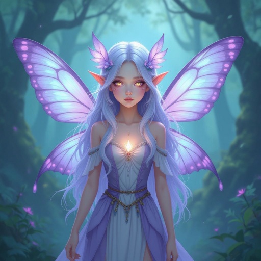 À fae girl with light purple moth like wings and long light bleu hair