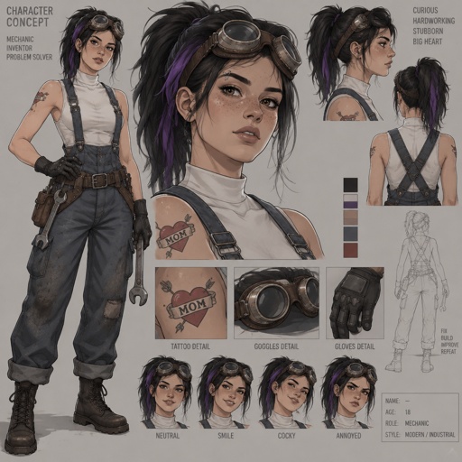 Female, freckles, 18, side ponytail black hair with purple strips, mechanic goggles, white shirt no sleeves no cleavage showing, Jean suspenders, black work gloves, eyebrow piercing, red heart with an arrow going through it with the word mom on the heart tattoo on right shoulder, 