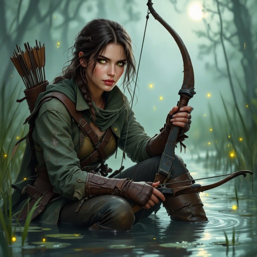 🎨 Render Prompt — Olivia Hollis, “Firefly Hollow (Eendood Outfit Final)”  Semi-realistic fantasy portrait of Olivia Hollis, the Firefly Hollow, standing beneath the humid moonlight of Eendood’s swamp city. The air is thick with mist and golden fireflies drifting lazily through the damp night. She has pale, ghost-touched skin with faint silver veins beneath the surface and soft gray-blue eyes glowing faintly in the haze. Her shoulder-length black hair bears a distinct shock of white through the front, catching the light like a spectral mark. Silver goggles rest in her hair like a headband.  Her thigh-high dusk-lavender tunic resembles a fitted ruched slip, clinging lightly in the humidity — practical, airy, and faintly iridescent under the moonlight. Over it, she wears her dark dried-blood red corset, now open fully down the front like a vest, its seams split and edges curled with age, revealing the lavender tunic beneath. The look is light and travel-worn, suited to the swamp’s heat and mist.  She wears no jacket or leggings, her arms and legs bare for freedom of movement, her pallid Hollow One skin softly luminous in the damp air. Her boots remain worn and mud-stained, practical for the marshy terrain. Around her throat is a simple green ribbon, tied neatly into a small bow at the side.  At her right hip rests Étienne, her compact ruby-inlaid hand crossbow with visible short bow arms and a carved wooden frame — clearly recognizable as a crossbow, elegant and well-worn. Her hands are outstretched, and fireflies swirl and hover around her palms, glowing gold and white — her Swarmkeeper magic manifest in the haze.  The scene glows with soft silver moonlight filtering through humid air; reeds sway, water ripples faintly, and Olivia stands serene — a revenant soul alive amid the still, breathless swamp.