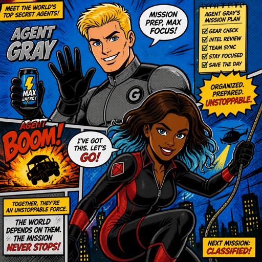 Agent gray nice wave blond hair, nice,no glasses,cares about partner, good at his job, very organized but if a lot of work happens all at one and there's a limited time he can get very disheveled, likes his partner agent Ruby but to scared to admit it, smart,energy drinks,can unintentionally be funny. Anime style, Ruby she's dark skin with brown hair light blue tips, serious, intimidating, makes sure she gets all the answers,very good at interrogating,very loud, being calm is hard, loves tea, she cares about her partner gray but doesn't know about gray's feelings to her, she smiles a lot anime style 