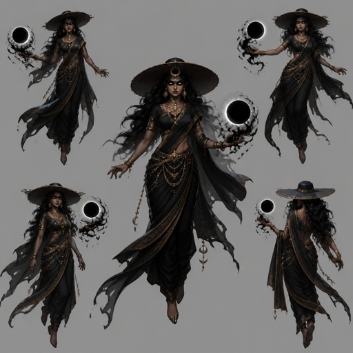 Female Villain with black moon abilities, black eyes, sun hat, floating, Indian, multiple of the same character