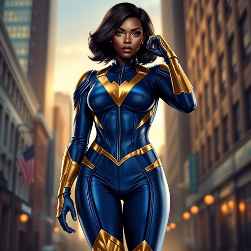 African American female superhero with hair  in a shoulder length side part hairstyle with pure Gold Glowing eyes wearing  slightly armored a  royal blue and gold accented suit with royal blue pants and gold knee length boots with a V with the top half gold and the bottom half black as her chest emblem in Philadelphia 