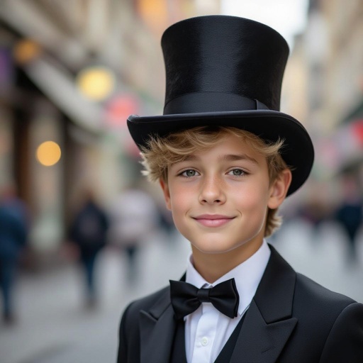 Blonde teenage boy with black top hat 