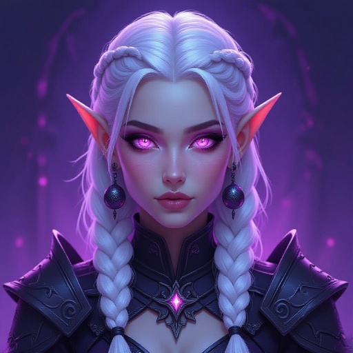 Character Appearance - Lavender Skin: The character's skin has a lavender hue, suggesting a supernatural or elven origin. - Long, Braided White Hair: The hair is shiny, snow-white, and  braided in a ponytail, a fishtail an elegant way, which adds refinement and nobility. - Pointed Ears: The elongated ears indicate possible belonging to an elven race or magical creature. - Phosphorescent Pink Eyes: The gaze is intense and hypnotic, with eyes that seem to glow from within, emphasizing the mystical aura. Clothing and Accessories - Dark Armor with Metallic Texture: The character wears armor-like clothing, with high shoulders and a subtle metallic sheen, like scales. This suggests power, protection, and status. - Sophisticated Design: The armor's details are elaborate, with textures that reflect light in a dramatic way. - Large round earrings: Hoop earrings add an interesting contrast between the hardness of the armor and the elegance of the accessories.Background and Atmosphere - Dark Purple Gradient: The background is composed of shades of purple and purple, which blend harmoniously with the character's skin and eye tones. - Dramatic and Mysterious Atmosphere: The colors and lighting create a sense of intensity, as if the character is about to enter an epic confrontation or a magical ritual. Artistic Style and Theme - Digital Fantasy Style: The work is created with a refined digital technique, specific to modern fantasy arts. - Theme of Power and Mystery: The character appears to be a warrior, a leader, or a being with magical powers, in a fantasy universe.