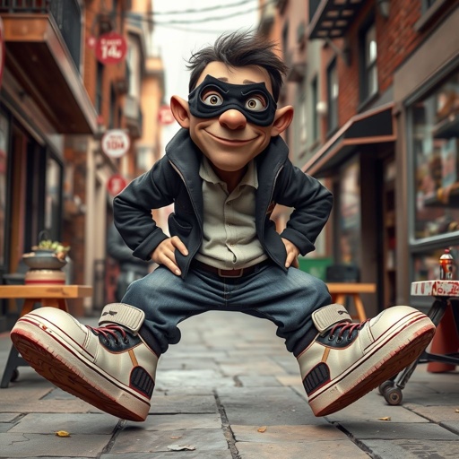 Create a funny looking clumsy sandwhich thief with funny shoes on. Make him have on the bandit black thing around his eyes 