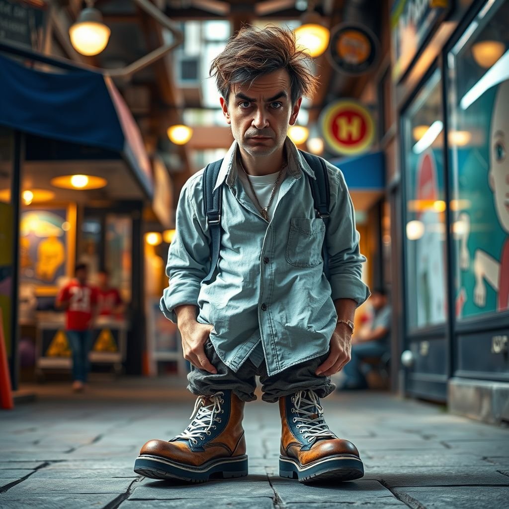Create a funny looking serious man in the world, with a not so stylish outfit head to toe